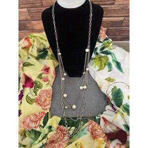 Premier Designs "Socialite" Retired Multi-Strand Pearl & Silver Chain Necklace